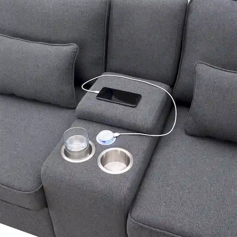 Merax 114.2 Upholstered Sofa with Console, 2 Cupholders and 2 USB Ports Wired or Wirelessly Charged