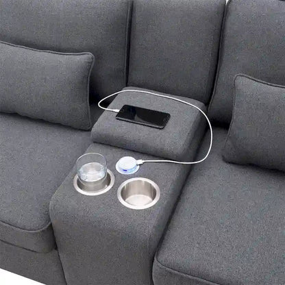 Merax 114.2 Upholstered Sofa with Console, 2 Cupholders and 2 USB Ports Wired or Wirelessly Charged