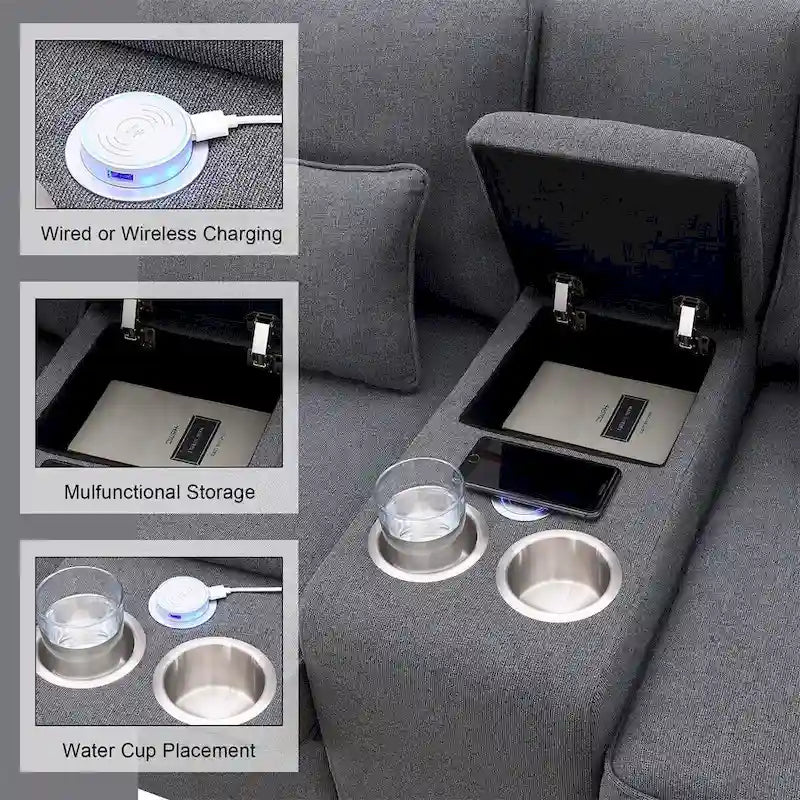 Merax 114.2 Upholstered Sofa with Console, 2 Cupholders and 2 USB Ports Wired or Wirelessly Charged