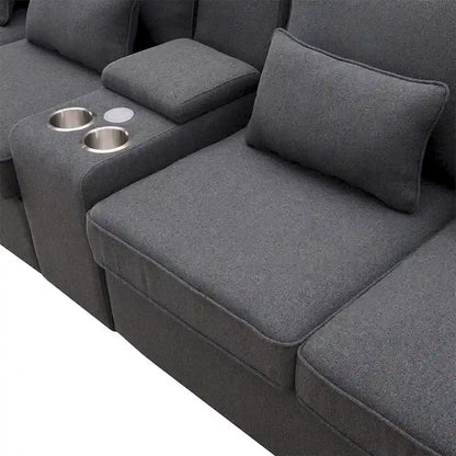 Merax 114.2 Upholstered Sofa with Console, 2 Cupholders and 2 USB Ports Wired or Wirelessly Charged