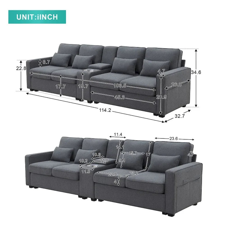 Merax 114.2 Upholstered Sofa with Console, 2 Cupholders and 2 USB Ports Wired or Wirelessly Charged
