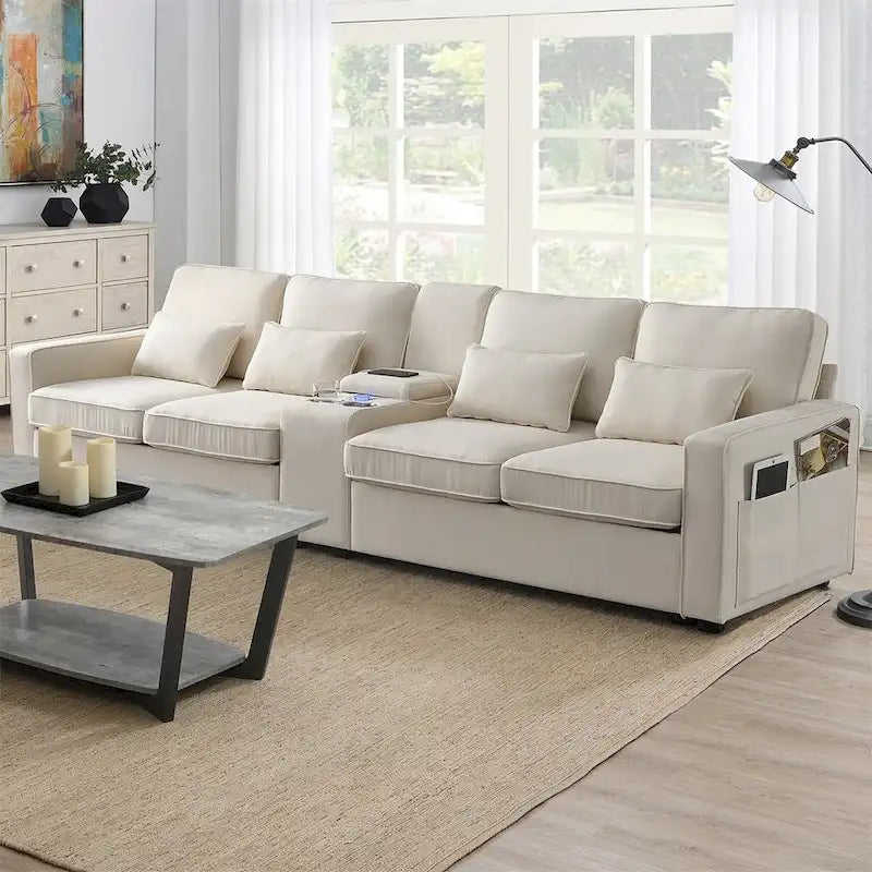 Merax 114.2 Upholstered Sofa with Console, 2 Cupholders and 2 USB Ports Wired or Wirelessly Charged