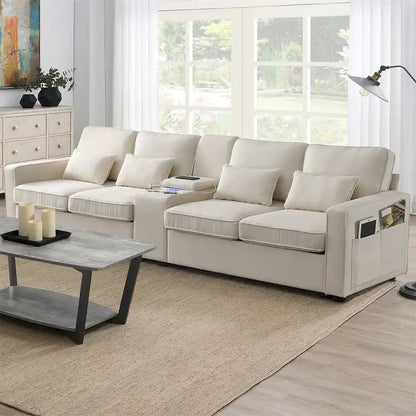 Merax 114.2 Upholstered Sofa with Console, 2 Cupholders and 2 USB Ports Wired or Wirelessly Charged