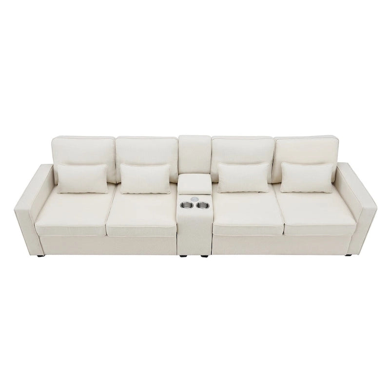 Merax 114.2 Upholstered Sofa with Console, 2 Cupholders and 2 USB Ports Wired or Wirelessly Charged