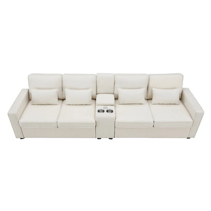 Merax 114.2 Upholstered Sofa with Console, 2 Cupholders and 2 USB Ports Wired or Wirelessly Charged