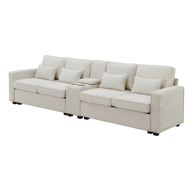 Merax 114.2 Upholstered Sofa with Console, 2 Cupholders and 2 USB Ports Wired or Wirelessly Charged