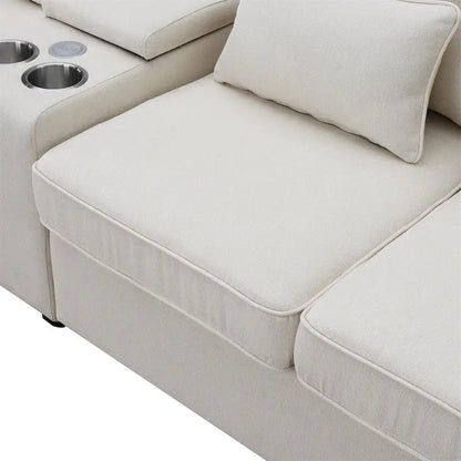 Merax 114.2 Upholstered Sofa with Console, 2 Cupholders and 2 USB Ports Wired or Wirelessly Charged