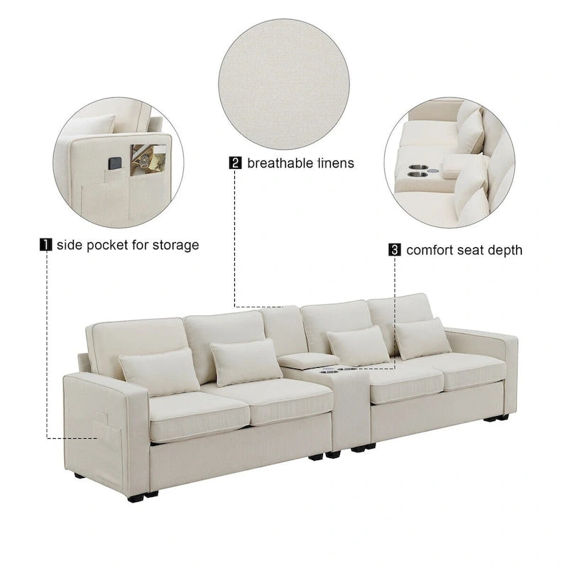 Merax 114.2 Upholstered Sofa with Console, 2 Cupholders and 2 USB Ports Wired or Wirelessly Charged