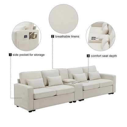 Merax 114.2 Upholstered Sofa with Console, 2 Cupholders and 2 USB Ports Wired or Wirelessly Charged