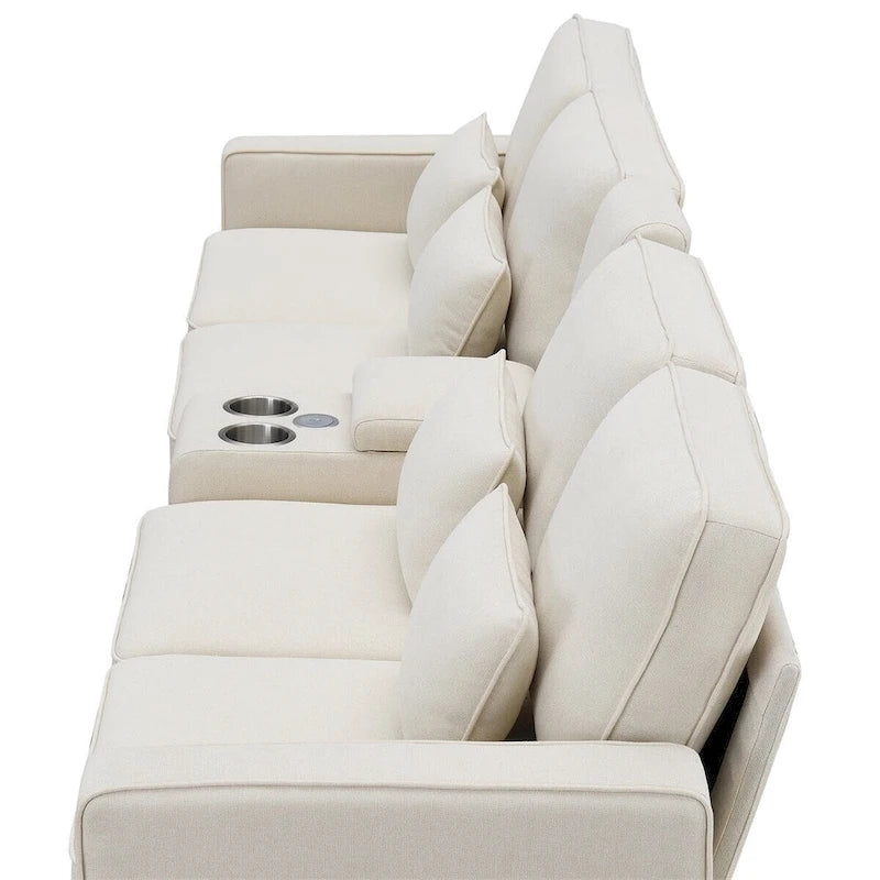 Merax 114.2 Upholstered Sofa with Console, 2 Cupholders and 2 USB Ports Wired or Wirelessly Charged