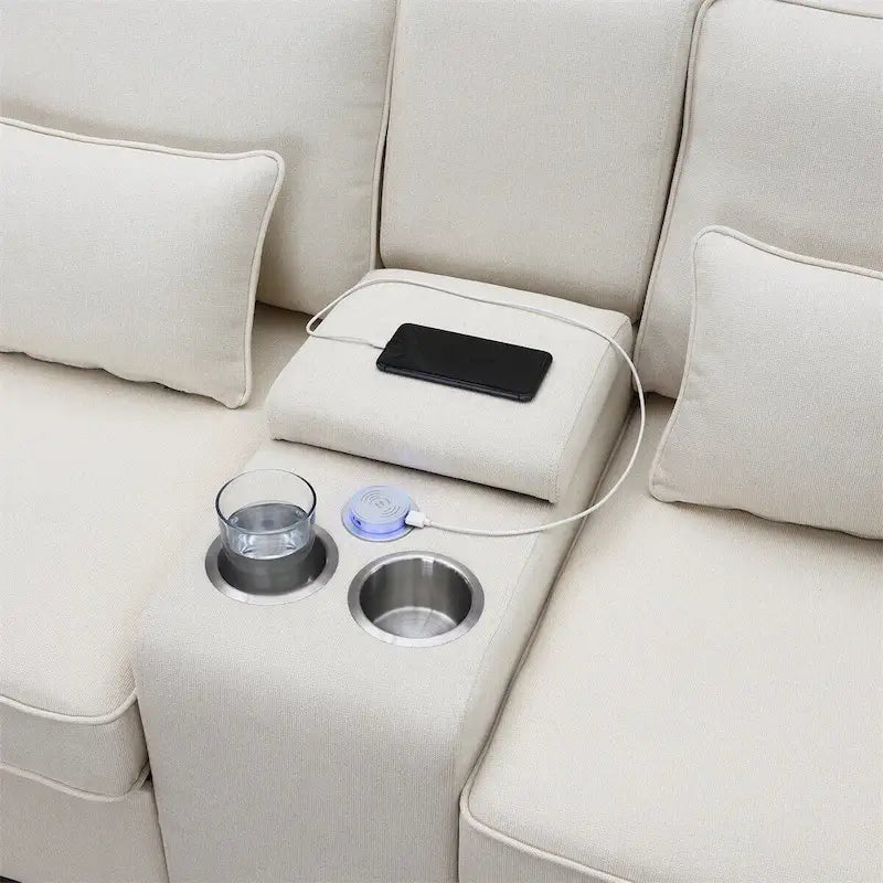 Merax 114.2 Upholstered Sofa with Console, 2 Cupholders and 2 USB Ports Wired or Wirelessly Charged