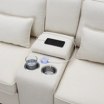 Merax 114.2 Upholstered Sofa with Console, 2 Cupholders and 2 USB Ports Wired or Wirelessly Charged
