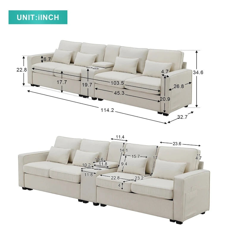 Merax 114.2 Upholstered Sofa with Console, 2 Cupholders and 2 USB Ports Wired or Wirelessly Charged