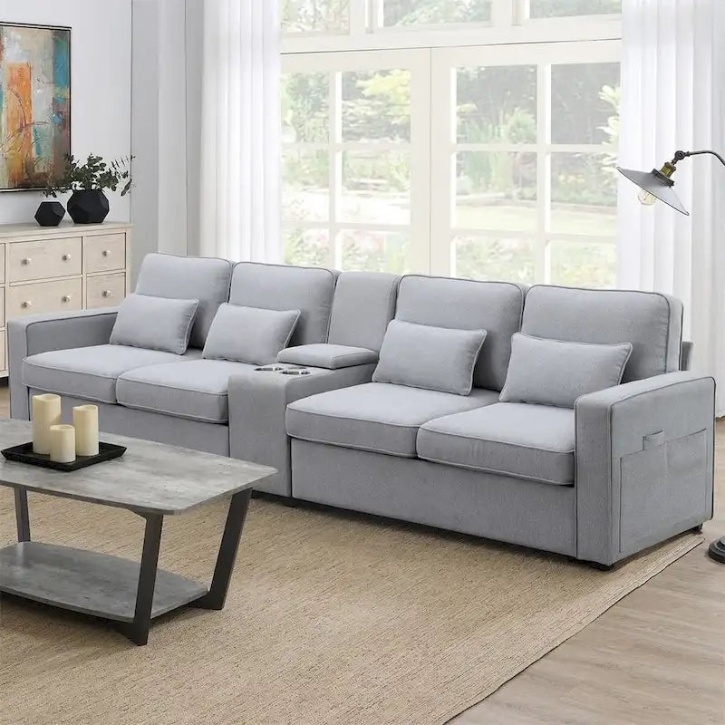 Merax 114.2 Upholstered Sofa with Console, 2 Cupholders and 2 USB Ports Wired or Wirelessly Charged