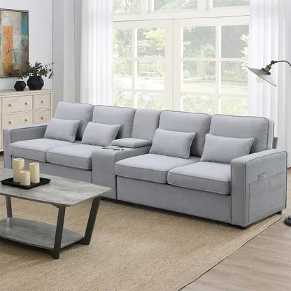 Merax 114.2 Upholstered Sofa with Console, 2 Cupholders and 2 USB Ports Wired or Wirelessly Charged