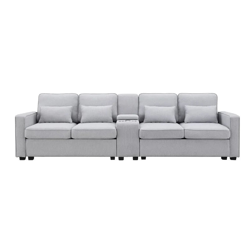 Merax 114.2 Upholstered Sofa with Console, 2 Cupholders and 2 USB Ports Wired or Wirelessly Charged