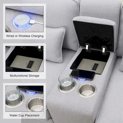 Merax 114.2 Upholstered Sofa with Console, 2 Cupholders and 2 USB Ports Wired or Wirelessly Charged