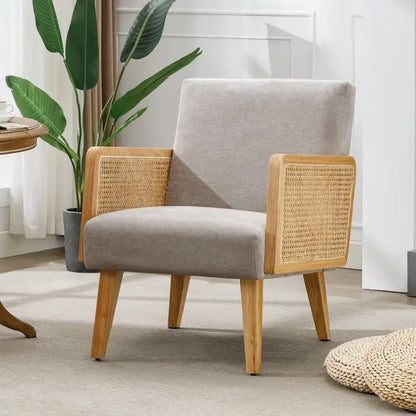 Rattan Armrest Fabric Upholstered Accent Chair