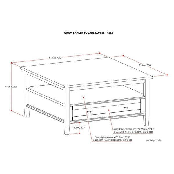 WYNDENHALL Norfolk SOLID WOOD 36 inch Wide Square Transitional Coffee Table - 36 x 36 x 18.5 - 36 x 36 x 18.5