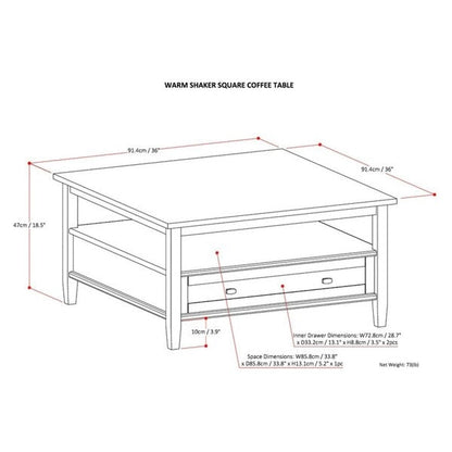 WYNDENHALL Norfolk SOLID WOOD 36 inch Wide Square Transitional Coffee Table - 36 x 36 x 18.5 - 36 x 36 x 18.5