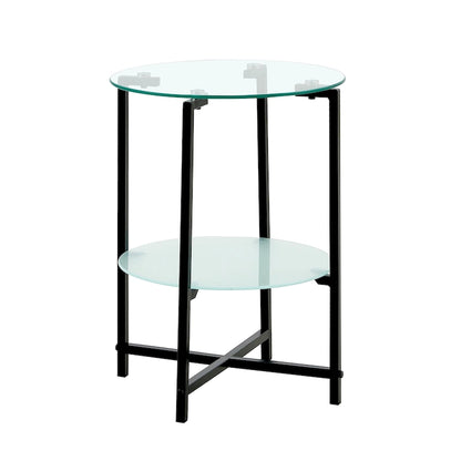 2-layer Round Tempered Glass End Table/Coffee Table with Iron Frame