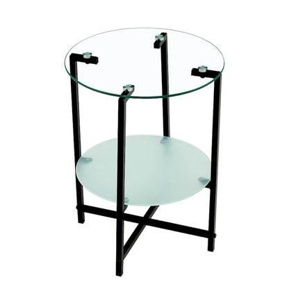 2-layer Round Tempered Glass End Table/Coffee Table with Iron Frame