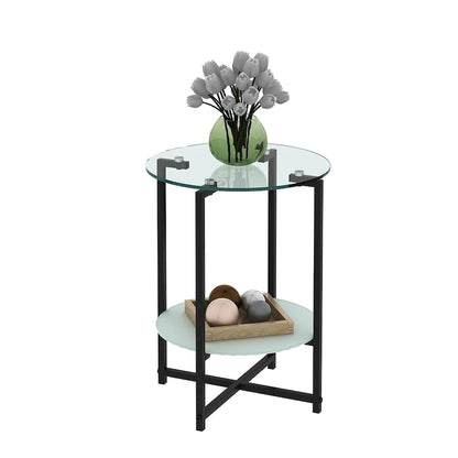 2-layer Round Tempered Glass End Table/Coffee Table with Iron Frame