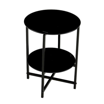 2-layer Round Tempered Glass End Table/Coffee Table with Iron Frame