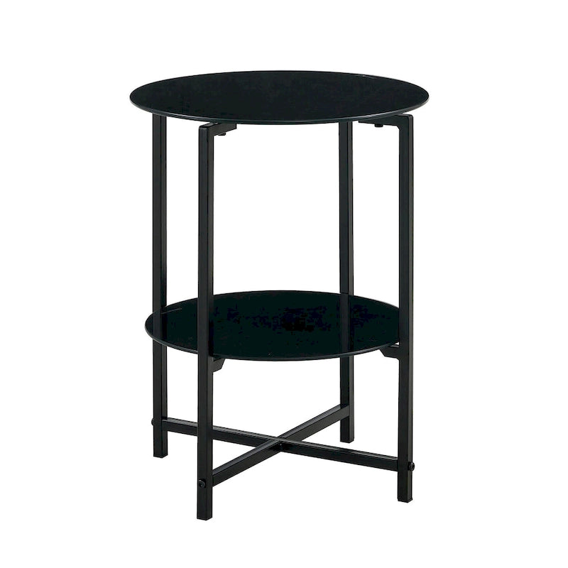 2-layer Round Tempered Glass End Table/Coffee Table with Iron Frame