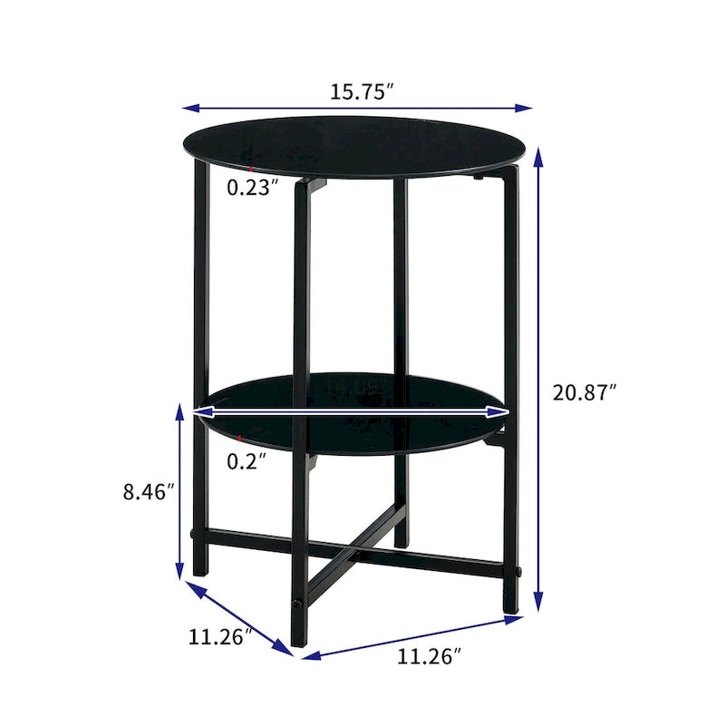 2-layer Round Tempered Glass End Table/Coffee Table with Iron Frame
