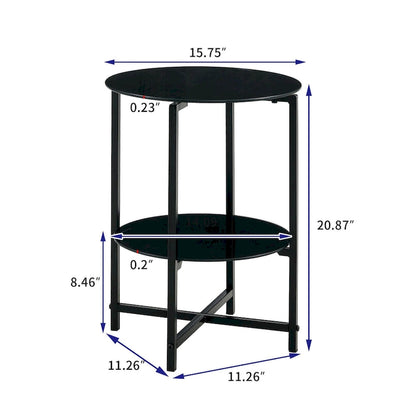 2-layer Round Tempered Glass End Table/Coffee Table with Iron Frame