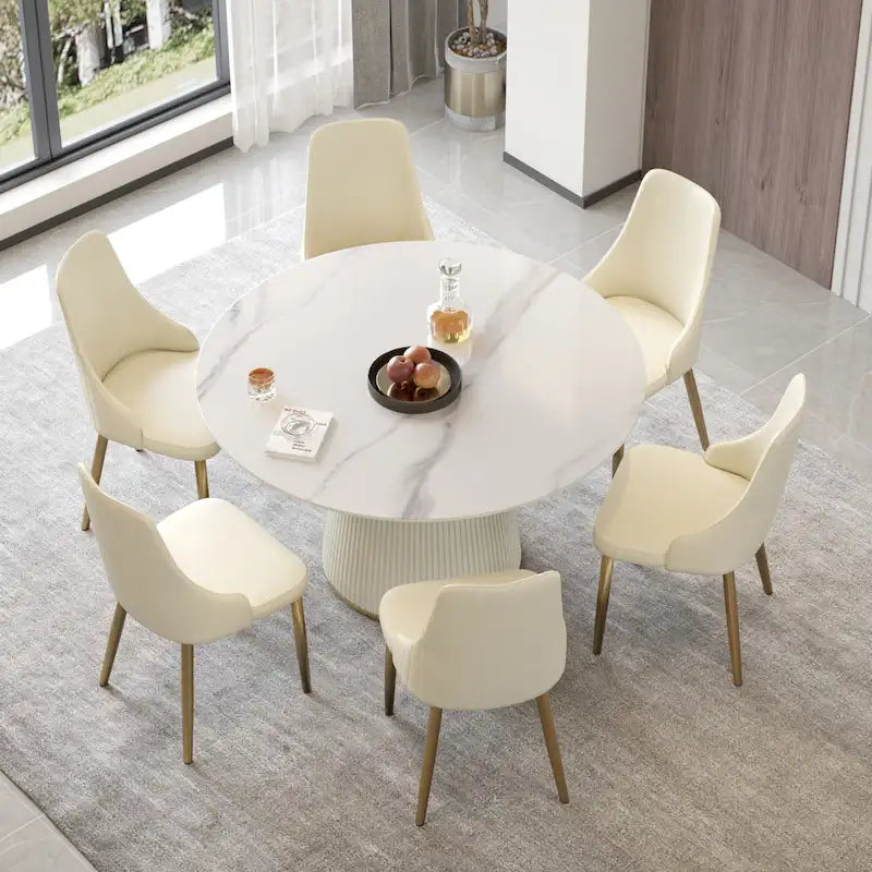 Round PU Pedestal Dining Table Faux Marble Dining Table