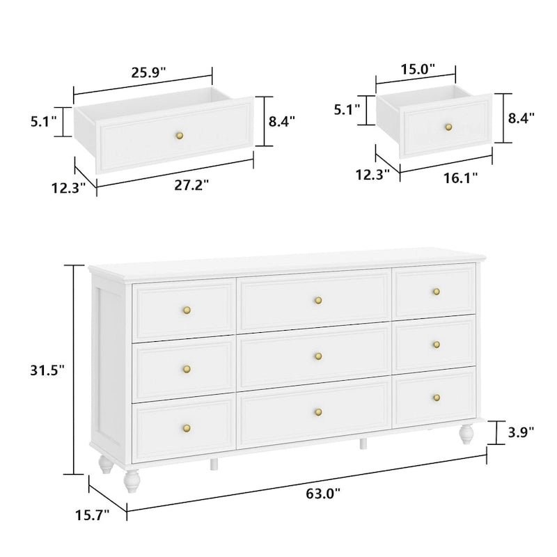 63W Wood Dresser Bedroom Storage Drawer Organizer Closet 9 Drawer