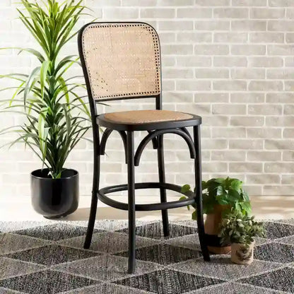 Vance Mid-Century Modern Woven Rattan and Wood Counter Stool