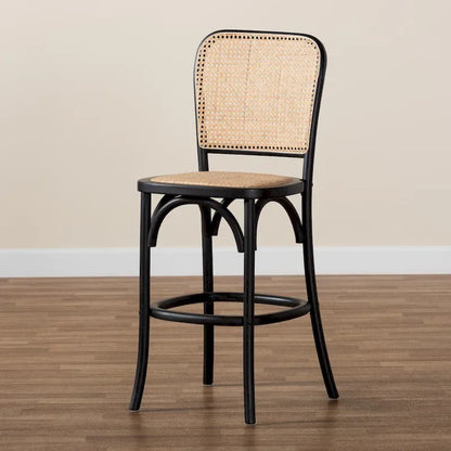 Vance Mid-Century Modern Woven Rattan and Wood Counter Stool