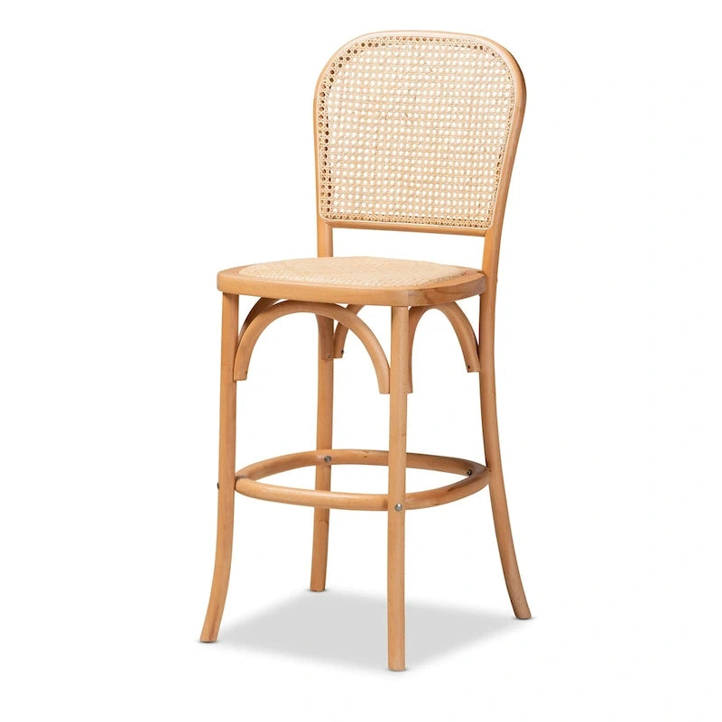 Vance Mid-Century Modern Woven Rattan and Wood Counter Stool