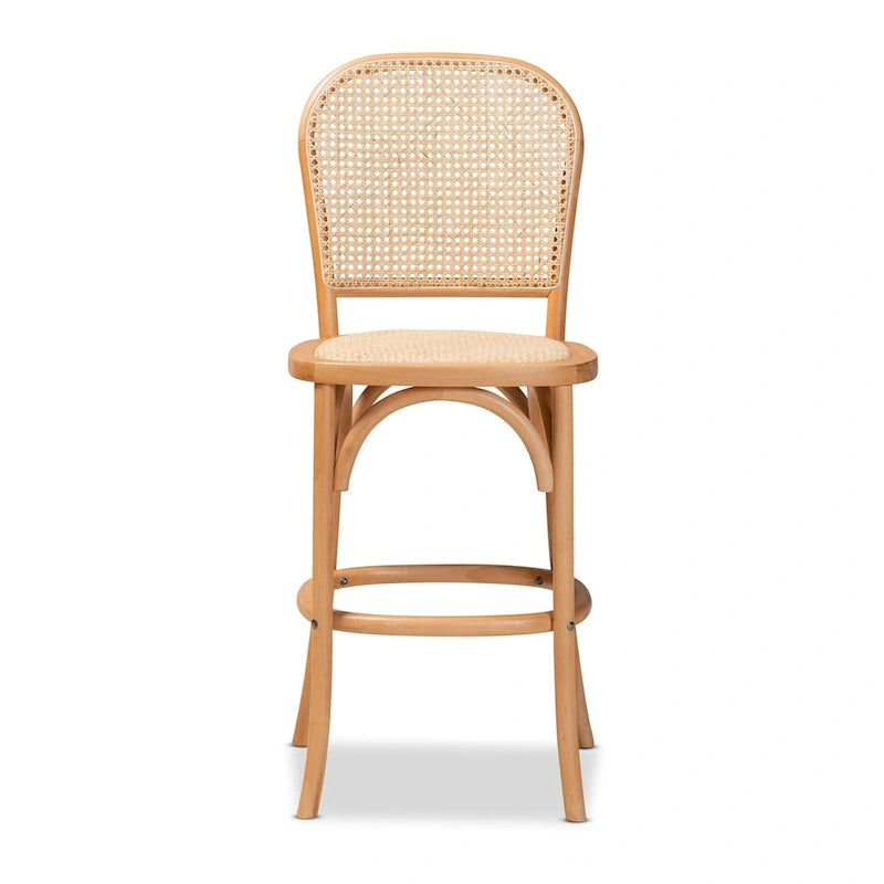 Vance Mid-Century Modern Woven Rattan and Wood Counter Stool