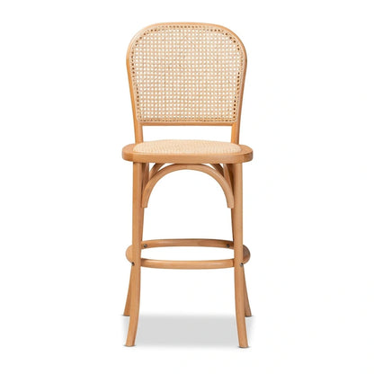 Vance Mid-Century Modern Woven Rattan and Wood Counter Stool