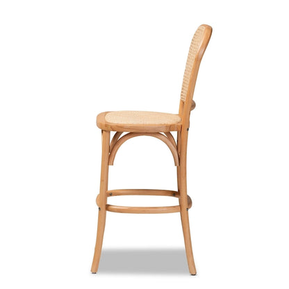 Vance Mid-Century Modern Woven Rattan and Wood Counter Stool