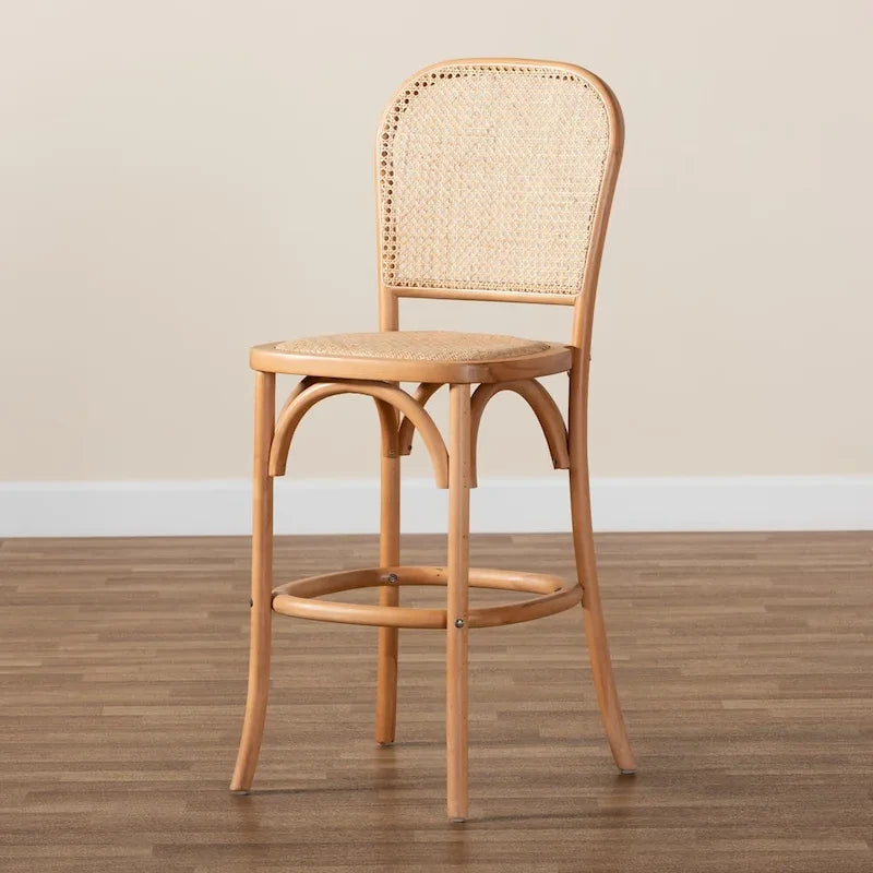 Vance Mid-Century Modern Woven Rattan and Wood Counter Stool