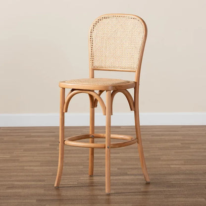 Vance Mid-Century Modern Woven Rattan and Wood Counter Stool