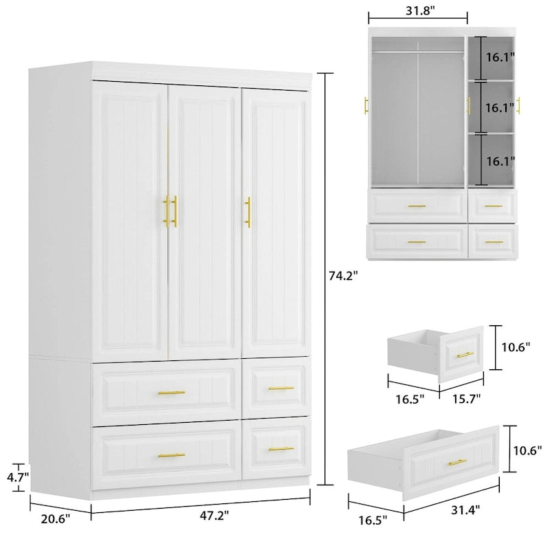Large Wooden Wardrobe Armoire with Raised Panel Closet Storage Cabinet