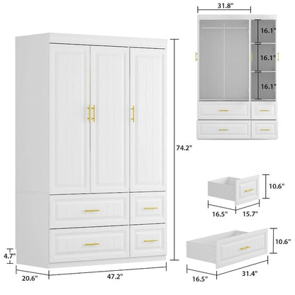 Large Wooden Wardrobe Armoire with Raised Panel Closet Storage Cabinet