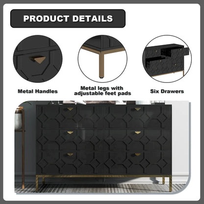 Clihome Wooden Storage 6 Drawer Double Dresser for Bedroom