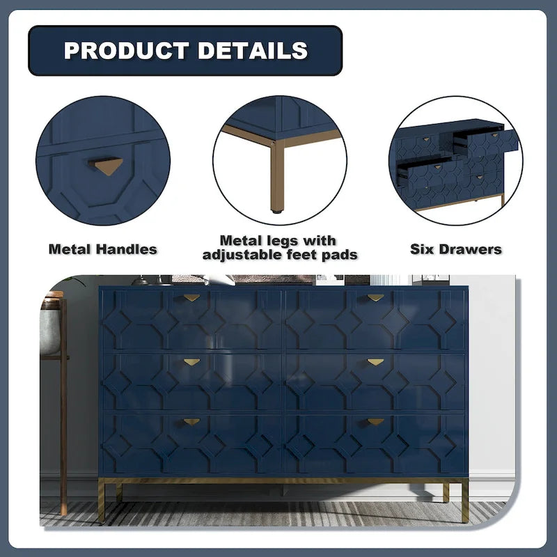 Clihome Wooden Storage 6 Drawer Double Dresser for Bedroom