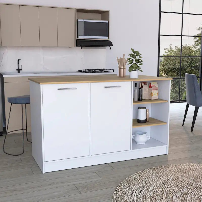 Ginger 59-inch Wide Kitchen Island with 3 Open Shelves and 2 Cabinets