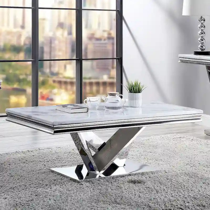 Kaliki Glam 51-inch Faux Marble Top Coffee Table with Chrome Pedestal Base by 