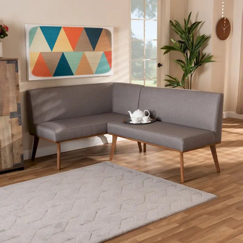 Odessa Grey Fabric and Walnut Wood 2-PC Dining Nook Banquette Set