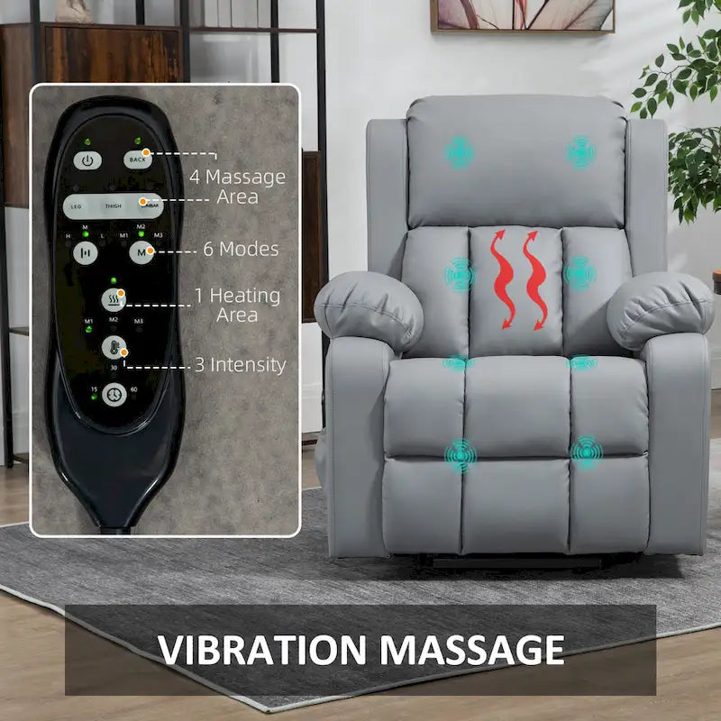 HOMCOM Electric Power Lift Chair, PU Leather Recliner Chair for Elderly with Vibration Massagge, Remote Control, Side Pockets