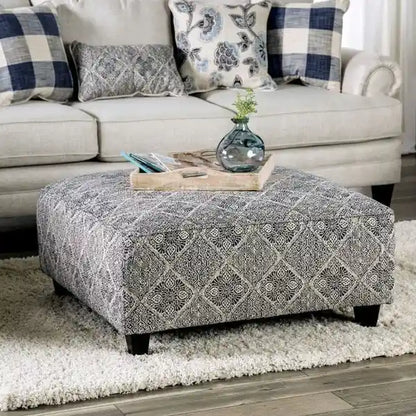 Stormy Transitional Grey Fabric Moroccan Print Cocktail Ottoman by Gracewood Hollow